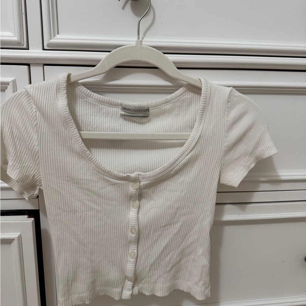 Urban Outfitters Cream Ribbed Button-Up Crop Top
